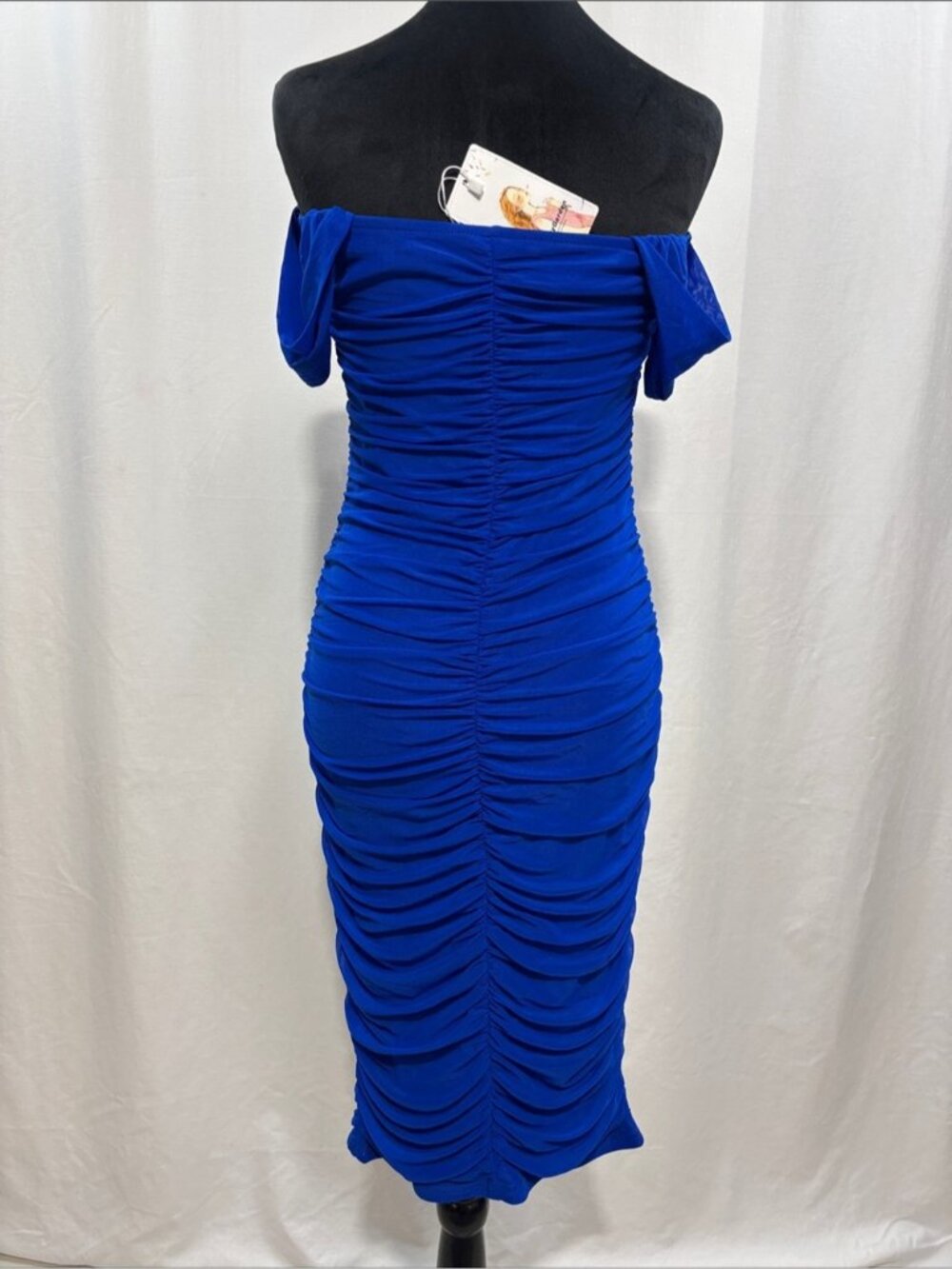 Off-Shoulder Ruched Midi Dress in Bright Blue formal wedding prom trendy party - Picture 5 of 6